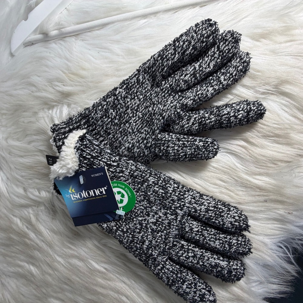 Isotoner Womens‎ Black White Marled Knit Sherpa Lined Gloves 914KR One Size NWT